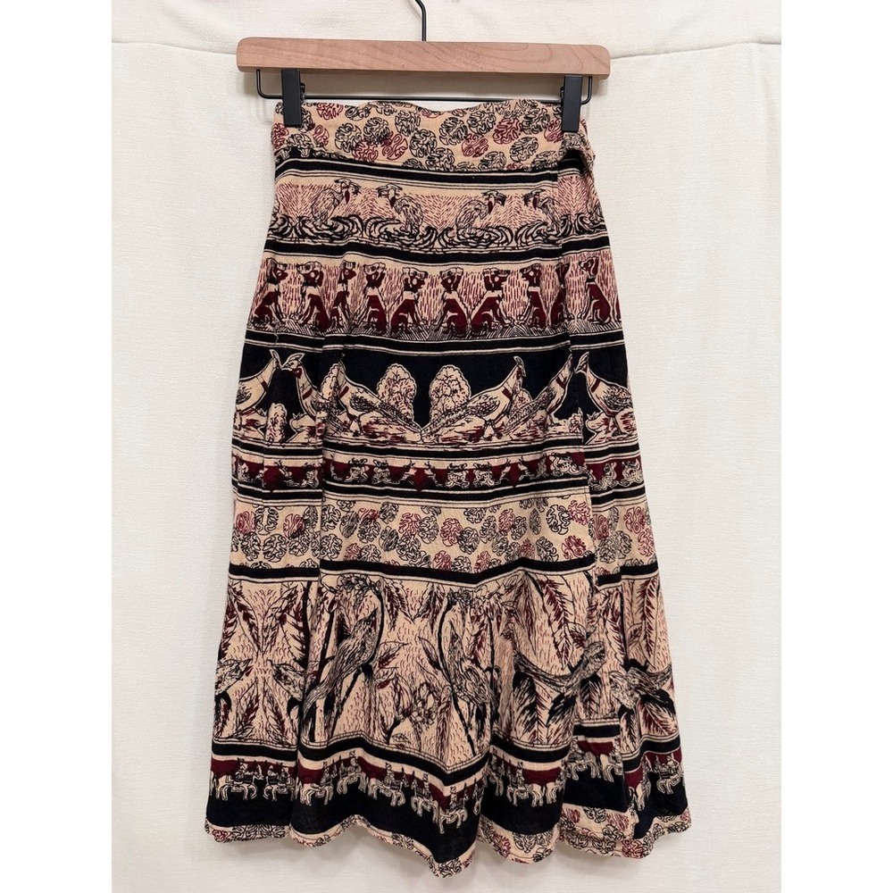 Vintage Hippie Wrap Skirt Block Print Birds Animals Burgundy Cream One Size